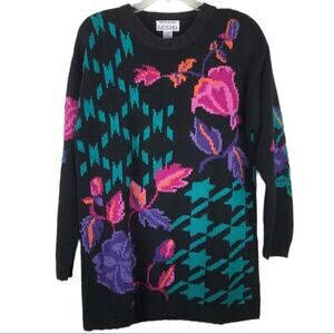 Vintage Izod Knitted by Hand Sweater Floral Stars Geometric Pattern Ramie Medium